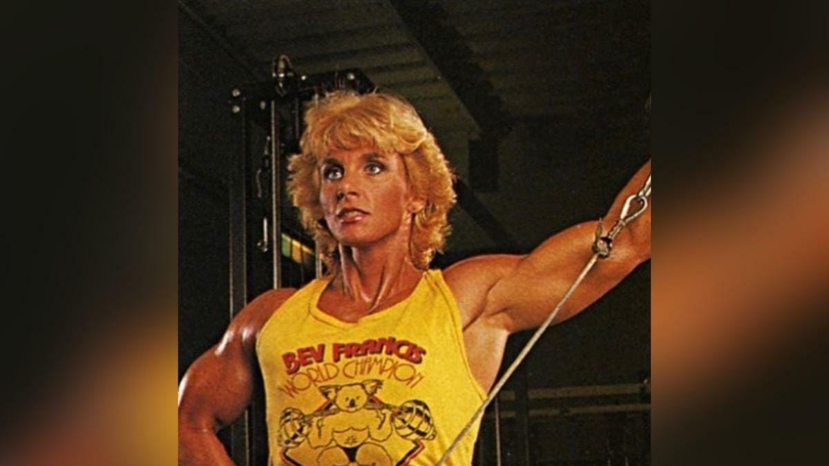 Bodybuilder Bev Francis performing a lateral raise
